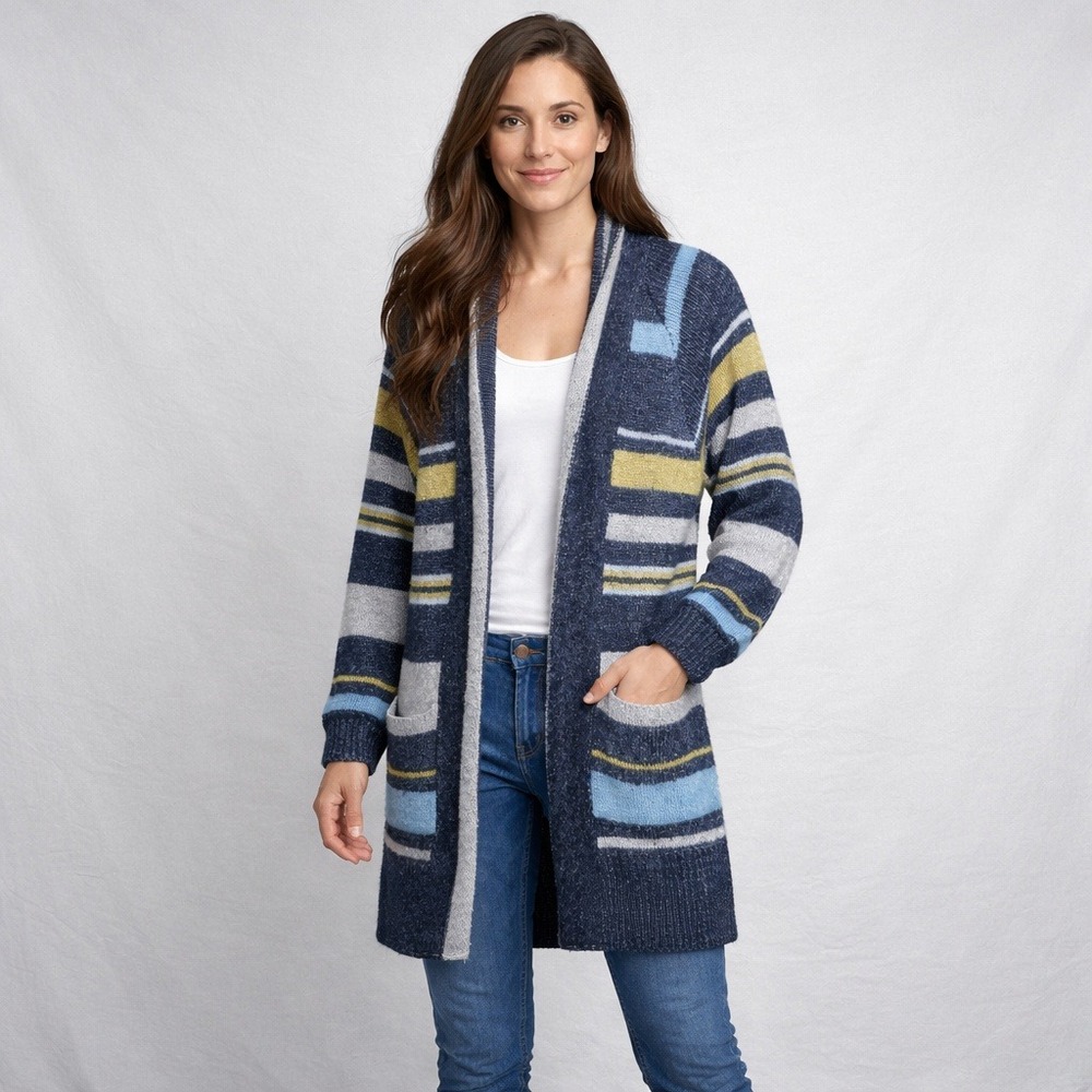 J‎ Jill Cardigan Sweater XL Navy Blue Striped Knit Longline Boho Cozy Layering